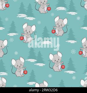 Nahtloses Muster zu Weihnachten und Neujahr mit niedlicher Karikaturmaus. Geschenkpapier-Design Stock Vektor
