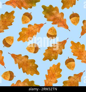 Nahtloses Vektor-Herbstmuster mit Aquarelladern und Eichenblättern. Stock Vektor