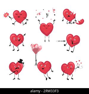 Set mit süßen Cartoon-Herzen-Figuren. Vektor-Illustration am Valentinstag. Stock Vektor