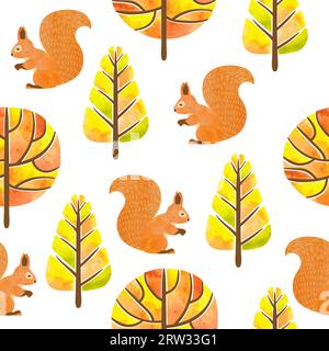 Nahtloses Herbstmuster mit Eichhörnchen und Bäumen in Aquarellfarben. Stock Vektor