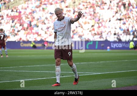 London, Großbritannien. September 2023. Erling Haland aus Manchester City während des Spiels West Ham vs Manchester City Premier League im London Stadium Stratford. Quelle: MARTIN DALTON/Alamy Live News Stockfoto