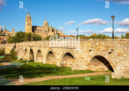 Die Römische Brücke Salamanca (Puente Romano de Salamanca, Puente Mayor del Tormes), alte Steinkonstruktion über dem Fluss Tormes mit der Kathedrale Salamanca Stockfoto