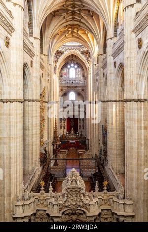Salamanca, Spanien, 06.10.21. Catedral Vieja de Santa Maria de la Sede de Salamanca (Alte Kathedrale) Innenansicht des Hauptschiffes mit dekorativem Stein V Stockfoto