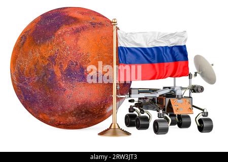 Russisches Mars-Explorationsprogramm. planetenrover mit Mars und russischer Flagge. 3D-Rendering isoliert auf weißem Hintergrund Stockfoto