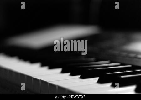 Nahaufnahme der schwarzen Klaviertasten, dunkler Hintergrund. Abstraktes Bild Stockfoto