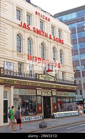 James Smith & Sons umbrellas, gegründet 1830, Hazelwood House, 53 New Oxford St, London, WC1A 1BL Stockfoto