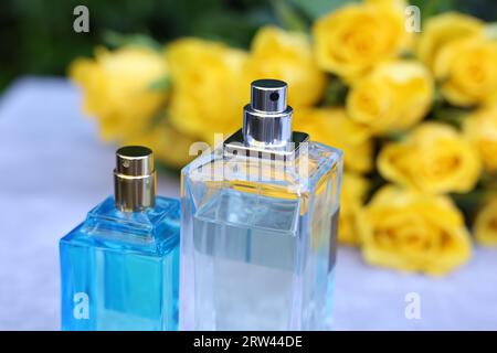 Parfums und wunderschönes Bouquet von gelben Rosen auf hellem Tisch, selektiver Fokus Stockfoto