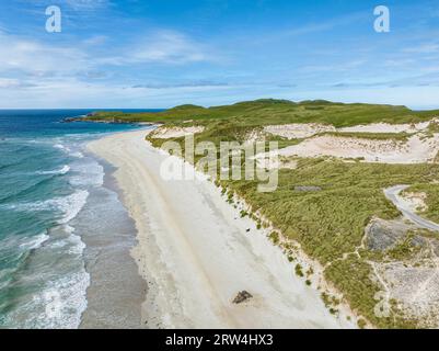 Luftaufnahme der Halbinsel Faraid Head mit Dünen und Sandstrand, Balnakeil, Durness, Highlands, Schottland, Vereinigtes Königreich, Europa Stockfoto