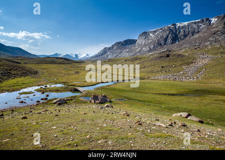 Blick vom Djuku Pass auf den Fluss und die Berge. Tien Shan, Kirghizia Stockfoto