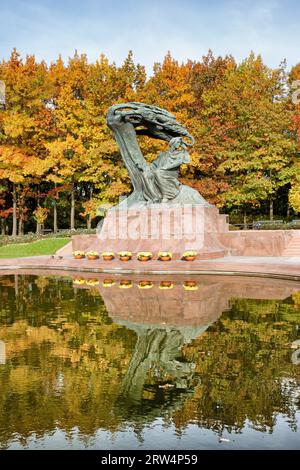 Fryderyk-Chopin-Denkmal in der Herbstlandschaft des königlichen Lazienki-Parks in Warschau, Polen, entworfen um 1904 von Waclaw Szymanowski (1859-1930) Stockfoto