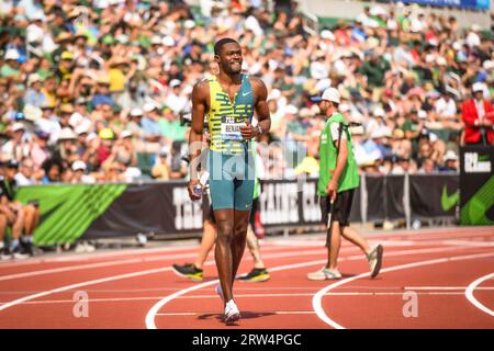 Rai Benjamin (USA) gewinnt am Samstag, den 16. September 2023, in Eugene, Ore. die 400-m-Hürden der Herren bei der Diamond League Championship beim Pre-Classic (Thomas Fernandez/Image of Sport). Stockfoto