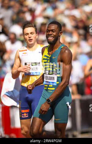 Rai Benjamin (USA) gewinnt am Samstag, den 16. September 2023, in Eugene, Ore. die 400-m-Hürden der Herren bei der Diamond League Championship beim Pre-Classic (Thomas Fernandez/Image of Sport). Stockfoto