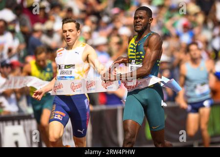 Rai Benjamin (USA) gewinnt am Samstag, den 16. September 2023, in Eugene, Ore. die 400-m-Hürden der Herren bei der Diamond League Championship beim Pre-Classic (Thomas Fernandez/Image of Sport). Stockfoto