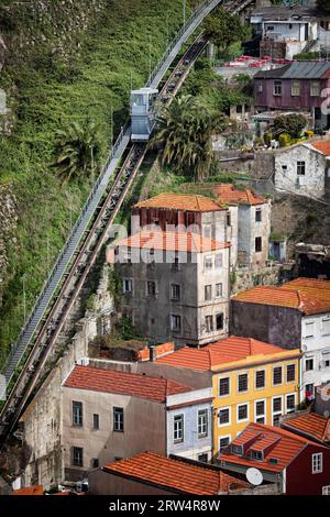 Seilbahn dos Guindais und malerische Häuser im historischen Stadtzentrum von Porto in Portugal Stockfoto