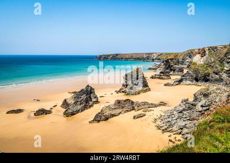 Im Sommer Stufen der Bedruthan, mit Wildblumen, klarem blauen Himmel und Sonnenschein, Cornwall, Großbritannien. Stockfoto