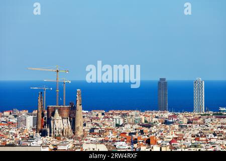 Stadtbild der Stadt Barcelona in Spanien, auf der linken Sagrada Familia, Horizont des Mittelmeers, erhöhte Vogelperspektive Ansicht von oben Stockfoto