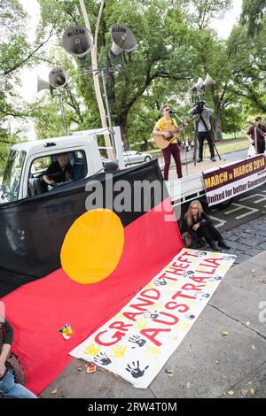 Melbourne, Australien, 16. März 2014: März im März Protest für die Macht der Menschen, ein Misstrauensvotum gegen die Liberalen, Tony Abbott führte die Regierung an Stockfoto
