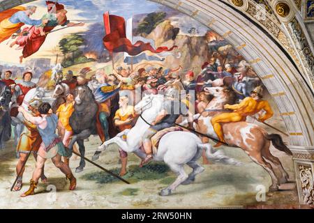 Papst Leo I. befehligt Attila, König der Hunnen, Halt, Stanza di Eliodoro, Stanzen Raffaels, Stanze di Raffaelo, Fresko von Faffaelo Santi, 1512- 1514 Stockfoto