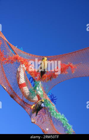 Maritimes Dekor mit Rettungsring, Fisch, Algen und Fischernetz, blauer Himmel im Hintergrund Stockfoto