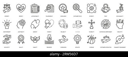 Symbol für Kernwerte einfache Einstellung , Ziele und zielbezogene Vektorzeilen Symbole. Enthält dünne Symbole als Leistung, Ziel, Motivation und mehr Stock Vektor