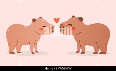 Verliebte Capybaras. Vektorillustration zweier Capibaras mit Herz auf rosa. Drucken für Karte, T-Shirt-Design, Poster. Stock Vektor