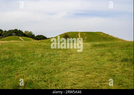 Die Devil's Humps Barrows (Grabhügel) stammen aus der Bronzezeit auf dem Bow Hill in South Downs, West Sussex, England. Stockfoto