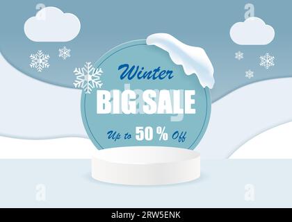 Banner zum Winterangebot mit 3D-Podium. Winterhintergrund mit Schneefall und Wolken im Papierschnitt. Vektor Stock Vektor