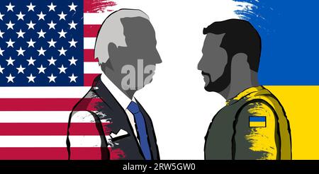Silhouette des ukrainischen Präsidenten Wladimir Zelensky und des US-Präsidenten Joe Biden Hintergrund der ukrainischen und US-amerikanischen Flaggen Stockfoto