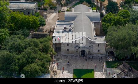 San Antonio, TX, USA. September 2023. 15. September 2023-San Antonio, TX: Luftaufnahme der historischen spanischen Mission The Alamo in San Antonio, Texas. (Bild: © Walter G Arce SR Grindstone Medi/ASP) NUR REDAKTIONELLE VERWENDUNG! Nicht für kommerzielle ZWECKE! Stockfoto