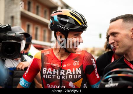 Guadarrama, Madrid, Spanien. September 2023. Antonio Tiberi (Bahrain siegreich) am Ende der 20. Etappe des spanischen Radrennens La Vuelta am 16. September 2023 in Guadarrama, Spanien (Credit Image: © Alberto Gardin/ZUMA Press Wire) NUR REDAKTIONELLE NUTZUNG! Nicht für kommerzielle ZWECKE! Stockfoto