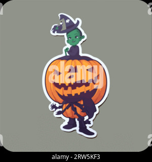 Dieser Kürbis-Aufkleber für Halloween zeigt eine grinsende Jack-o'-Laterne mit einem leuchtenden orangefarbenen Farbton vor einem Mitternachtsschwarzen Hintergrund. 4 x 4 Zoll Stock Vektor
