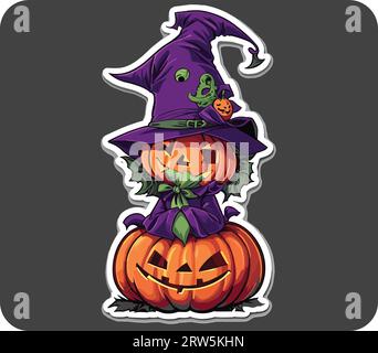 Dieser Kürbis-Aufkleber für Halloween zeigt eine grinsende Jack-o'-Laterne mit einem leuchtenden orangefarbenen Farbton vor einem Mitternachtsschwarzen Hintergrund. 4 x 4 Zoll Stock Vektor