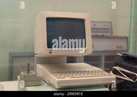 APPLE first computer. Old display, keyboard and Poland, Warsaw - July 28, 2023. Stock Photo