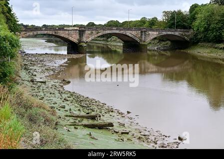 Rund um die UK-Penwortham Bridge auf dem River Ribble bei Preston bei Ebbe. Stockfoto