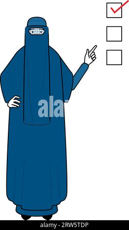 Muslimische Frau in Burka, die auf eine Checkliste zeigt, Vektor-Illustration Stock Vektor