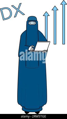 Bild von DX, einer muslimischen Frau in Burka, die ihr Geschäft erfolgreich verbessert hat, Vektor-Illustration Stock Vektor