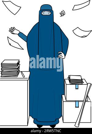 Muslimische Frau in Burka, die mit ihrem unorganisierten Geschäft satt ist, Vektor-Illustration Stock Vektor