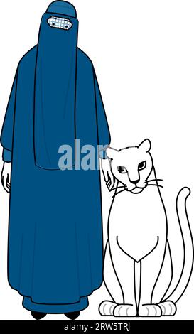 Die muslimische Frau in Burka streichelt eine Löwin, Vektor-Illustration Stock Vektor
