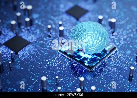 Neuro-Prozessor. Neuro-Schnittstelle. Künstliches Gehirn. Mikroprozessor mit künstlicher Intelligenz. Ausbildung eines künstlichen neuronalen Netzes. Künstlicher Innenausdruck Stockfoto