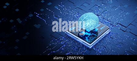 Konzept der künstlichen Intelligenz. Künstliches Intelligenztraining. Neuro-Prozessor. Neuro-Schnittstelle. Künstliches Gehirn. Mikroprozessor mit künstlichem Stockfoto
