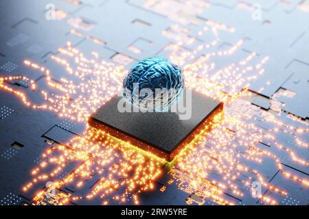Mikroprozessor mit künstlicher Intelligenz. Ausbildung eines neuronalen Netzwerks. Konzept der künstlichen Intelligenz. Künstliches Intelligenztraining. Neurochip. Neuro Stockfoto