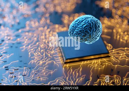 Neurochip. Neuro-Schnittstelle. Künstliches Gehirn. Mikroprozessor mit künstlicher Intelligenz. Ausbildung eines neuronalen Netzwerks. Konzept der künstlichen Intelligenz. Arti Stockfoto