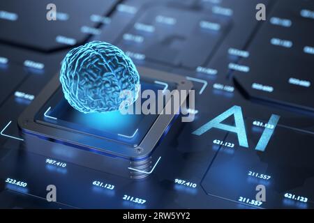 Konzept der künstlichen Intelligenz. Künstliches Intelligenztraining. Neurochip. Neuro-Schnittstelle. Künstliches Gehirn. Mikroprozesso der künstlichen Intelligenz Stockfoto