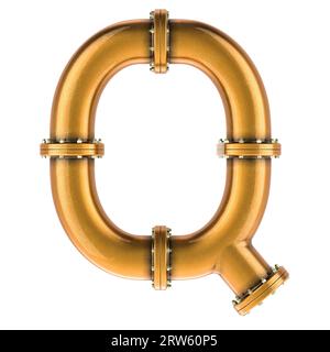 Buchstabe Q von Kupfer-, Bronze- oder Messingrohren, 3D-Rendering isoliert auf weißem Hintergrund Stockfoto