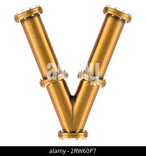 Buchstabe V von Kupfer-, Bronze- oder Messingrohren, 3D-Rendering isoliert auf weißem Hintergrund Stockfoto