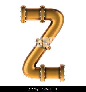 Buchstabe Z von Kupfer-, Bronze- oder Messingrohren, 3D-Rendering isoliert auf weißem Hintergrund Stockfoto