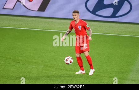 Moskau, Russland – 3. Juli 2018. Die englische Fußballnationalmannschaft Right-Back Kieran Trippier in Aktion während des Achtelfinale der Weltmeisterschaft 2018 gegen Kolumbien Stockfoto