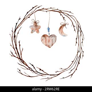 Aquarell rund Weihnachtsrahmen mit Holzdekoration isoliert auf weißem Hintergrund. Neujahrsdekor mit freiem Platz für Text Stockfoto