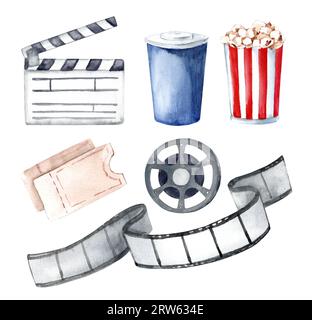 Kino. Set von Aquarellillustrationen isoliert auf weißem Hintergrund. Film, Kinokarte und Popcorn Stockfoto