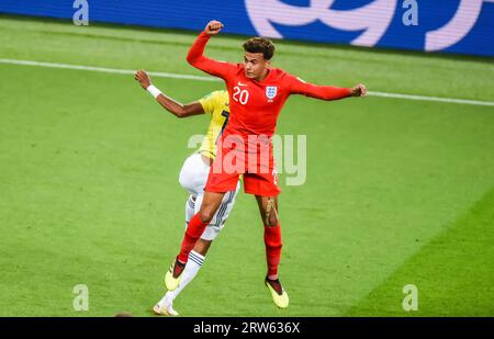 Moskau, Russland – 3. Juli 2018. Englands Mittelfeldspieler Dele Alli im Achtelfinale der Weltmeisterschaft 2018 gegen Engla Stockfoto